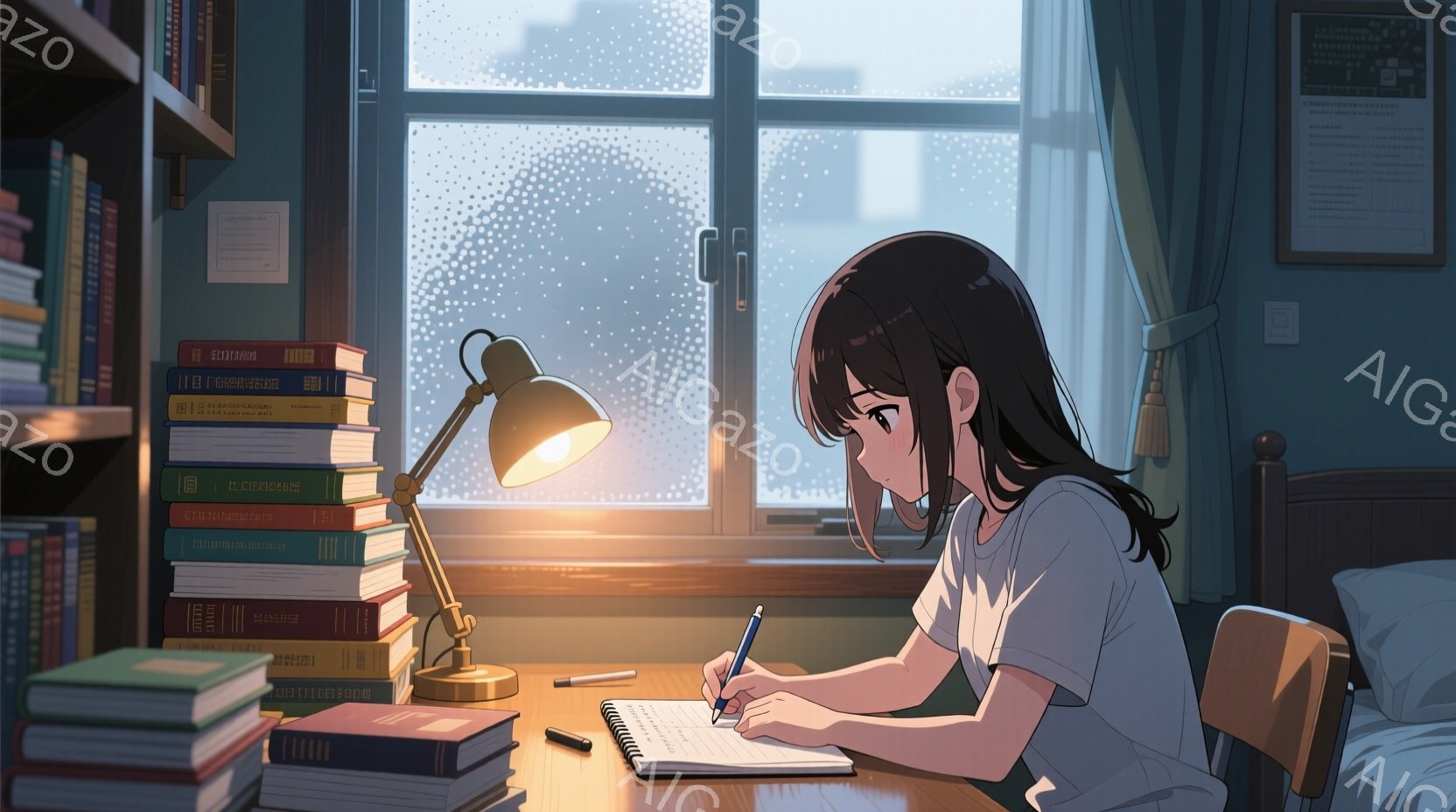 女の子は机に向かってノートに何かを書き込んでいます。彼女は白いTシャツと黒いショートパンツを着ており、長い黒髪を後ろで一つにまとめています。窓の外は雨が降っており、背景には高層ビルが見え、室内は温かく、集中した雰囲気です。