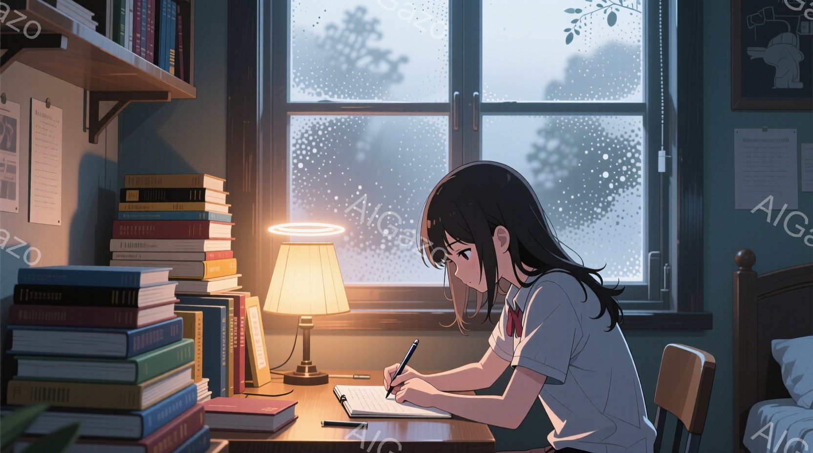 黒髪の少女が机に向かい、ノートに何かを書き込んでいる。彼女は制服に似た白いシャツとネクタイを着ており、少しうつむき加減で集中した表情をしている。背景には積み重ねられた本棚と、雨が降る窓の外の風景が見え、全体的に落ち着いた、勉強に集中した雰囲気である。
