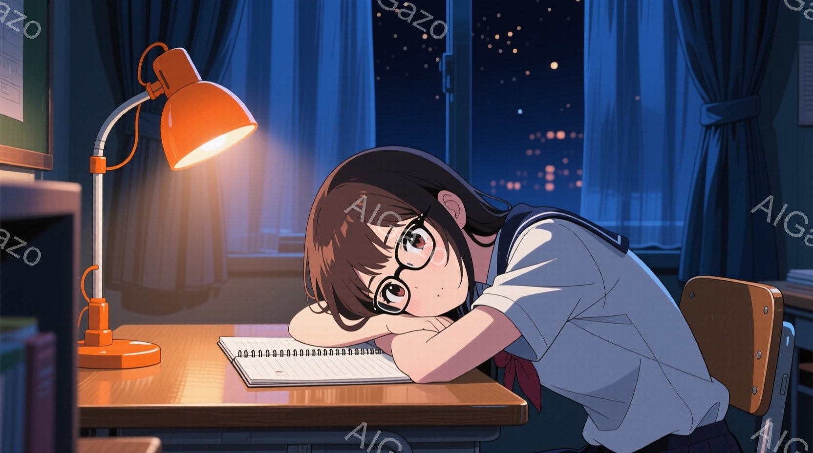 茶色の髪の少女が机に突っ伏している。彼女は制服を着ており、首には赤いリボンが結ばれている。背景は夜景で、多くの建物と星空が見え、疲労と孤独な雰囲気が漂っている。