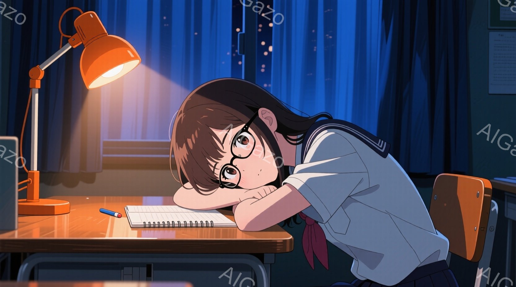 茶髪の少女が教室の机に突っ伏している様子が描かれている。彼女は学校の制服に赤いリボンを締め、眼鏡をかけている。窓の外は夜景が広がり、多くの星が輝いている。