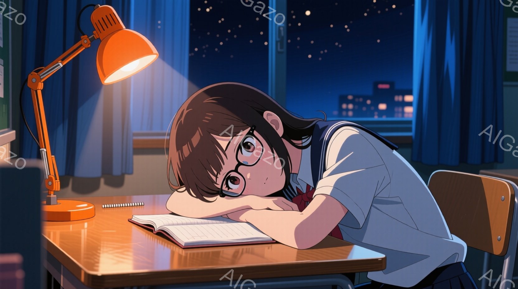 制服を着た少女が机に突っ伏している様子を描いています。彼女は黒髪で、眼鏡をかけており、疲れた表情をしています。背景には夜景が広がり、多くの建物が光り、星空が広がっています。