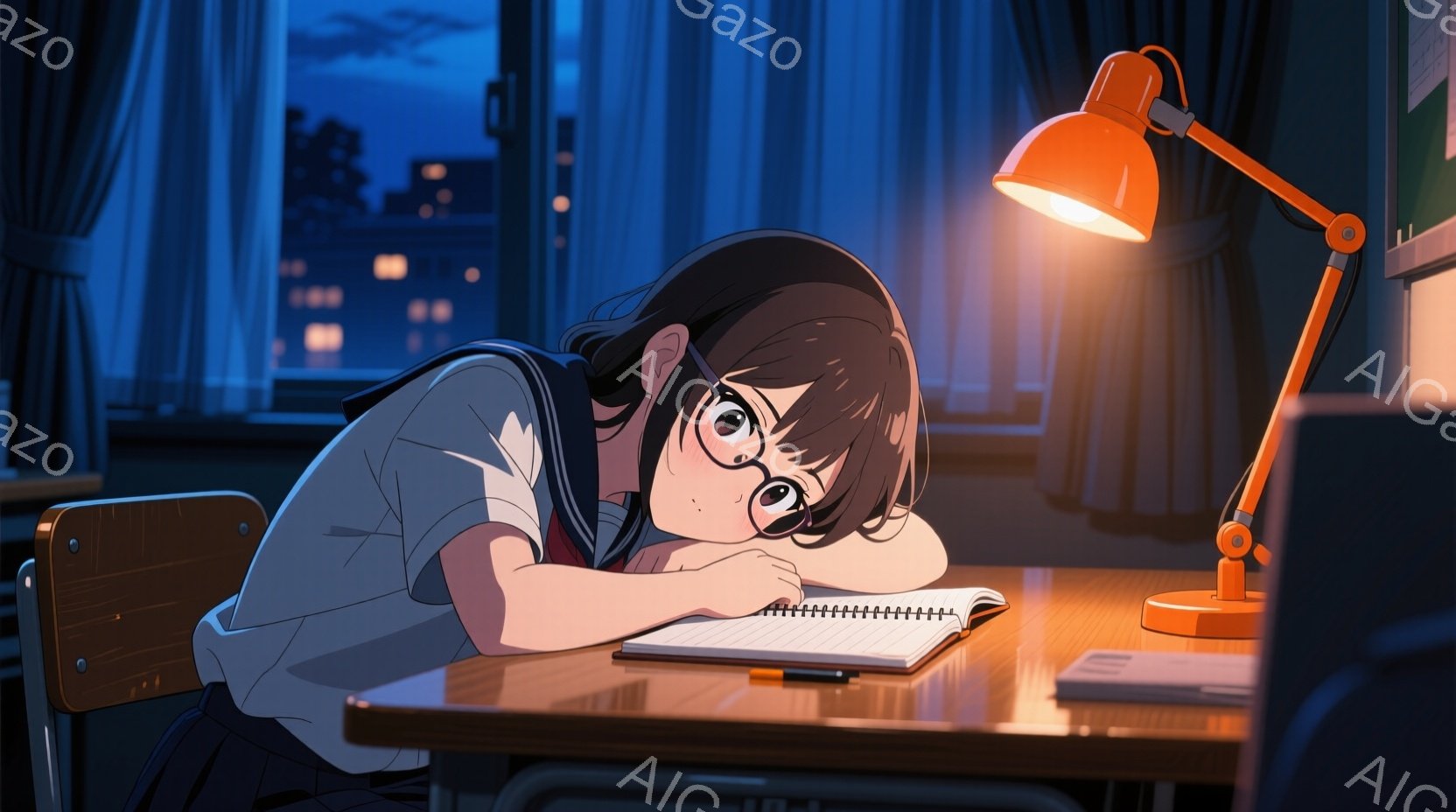 短い黒髪で眼鏡をかけた少女が、机にうつ伏せになっている。彼女は白いシャツに紺色のブレザーとスカートを着用し、疲れた様子でノートに寄りかかっている。背景には夜景が広がり、教室の窓から街の明かりが見え、全体的に物憂げで静かな雰囲気が漂っている。