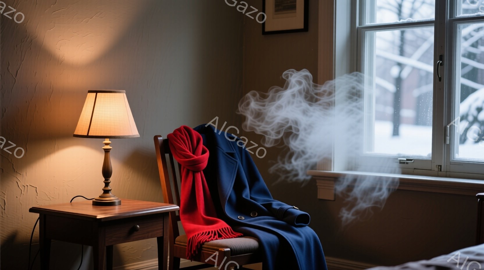 濃い青色のコートが椅子の背もたれに掛けられ、鮮やかな赤いスカーフが首元に巻かれています。窓の外は雪景色で、霧のような白い蒸気が窓枠から立ち上り、冬の静かで落ち着いた雰囲気を醸し出しています。アンティーク調のテーブルランプが暖かく光り、部屋全体を穏やかな光で包んでいます。