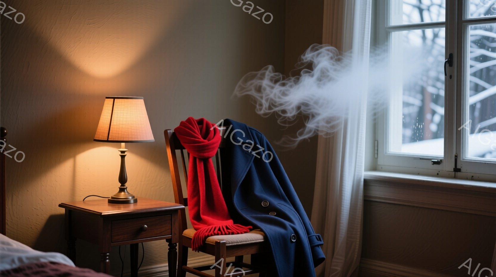 濃い青色のコートが、明るい赤色のスカーフとともに、窓際の椅子に無造作にかけられています。窓の外は雪景色で、寒々とした冬の風景が広がっており、室内に立ち込める湯気のようなものが、温かさと静けさを演出して - AI生成フリー素材