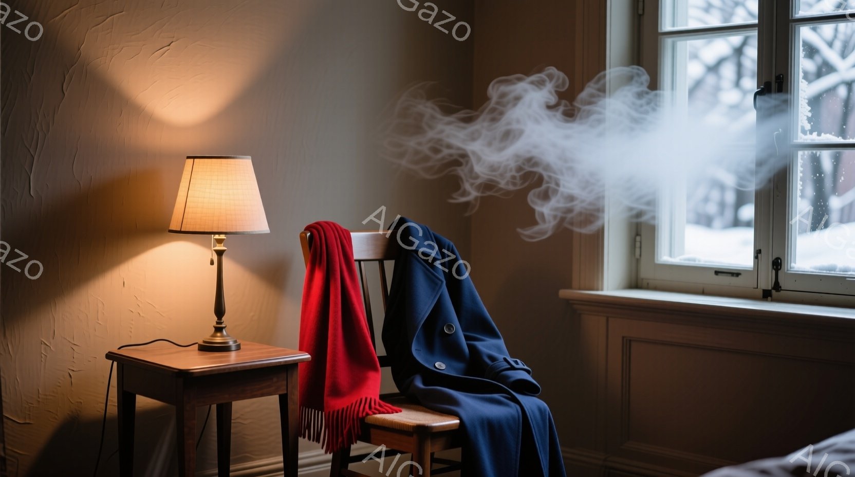 窓辺に置かれた椅子に濃紺のコートがかけられ、鮮やかな赤いスカーフが椅子から垂れ下がっている。部屋の中は暖かく、窓の外は雪が降る冬景色が広がっている。ランプの光が暖かく、ほっとするような静かな雰囲気を醸 - AI生成フリー素材