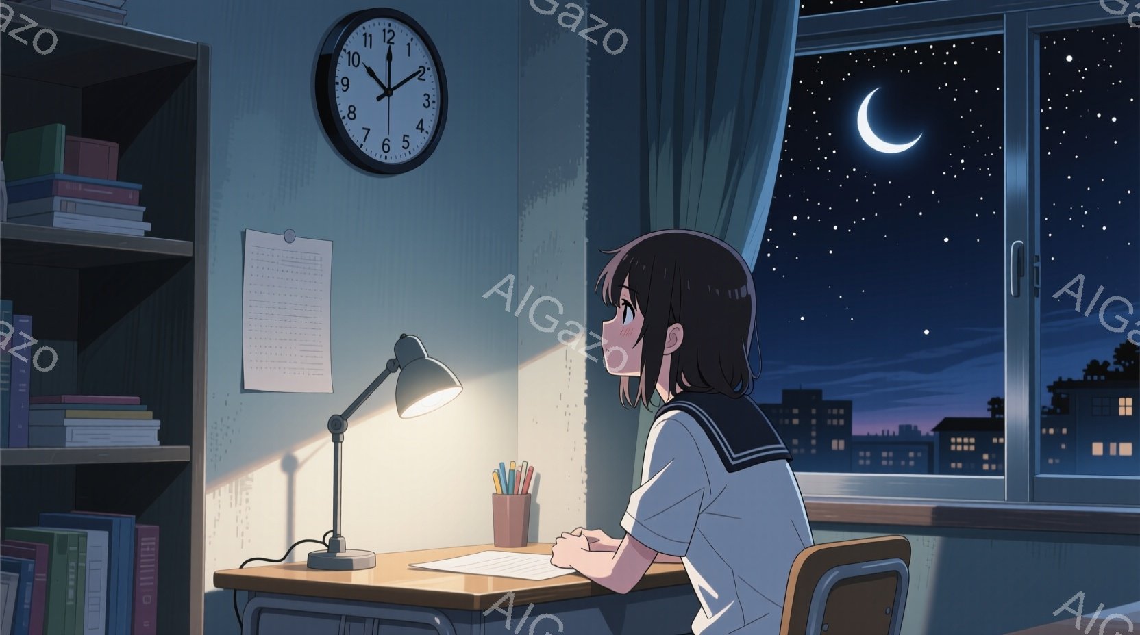女の子は机に向かって座っており、何かを考えているようです。彼女はセーラー服を着ており、髪は肩までの長さで、少しうつむき加減になっています。窓の外は夜で、街の明かりと月が見え、部屋全体が少し寂しげな雰囲気です。
