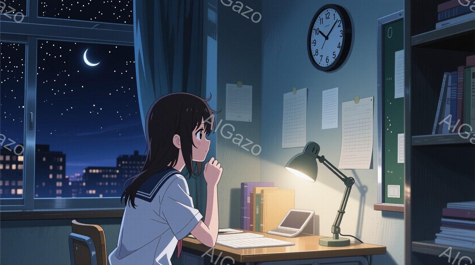 長い黒髪をサイドでまとめた女子学生が、机に向かって顎に手を当て、何かを考えている様子が描かれている。背景には夜景が広がり、高層ビル群が光り輝いている。机の上にはノートパソコンと参考書が置かれ、学習に集中している夜の雰囲気が伝わってくる。