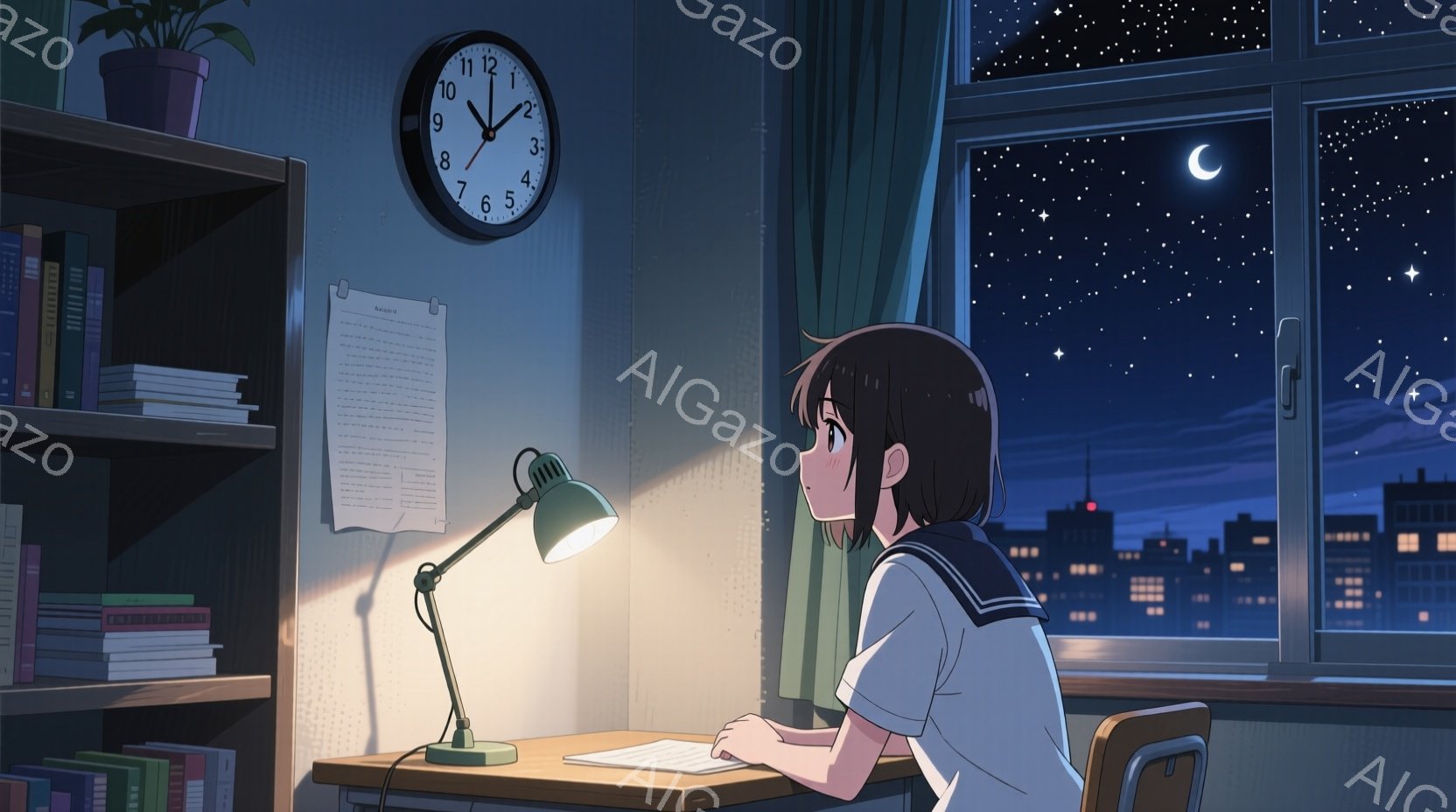 少女は机に向かって勉強しており、制服姿で、長い黒髪は後ろで結ばれています。彼女は少し疲れた表情で、集中して問題に取り組んでいるようです。背景には夜景が広がり、遠くの建物や星空が確認でき、室内はデスクライトで照らされています。