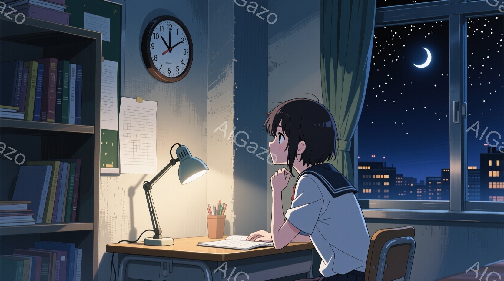 女の子は机に向かって何かを書いている。彼女はセーラー服を着ており、長い黒髪を後ろで束ねている。窓の外は夜景が広がり、多くの建物が光っている。