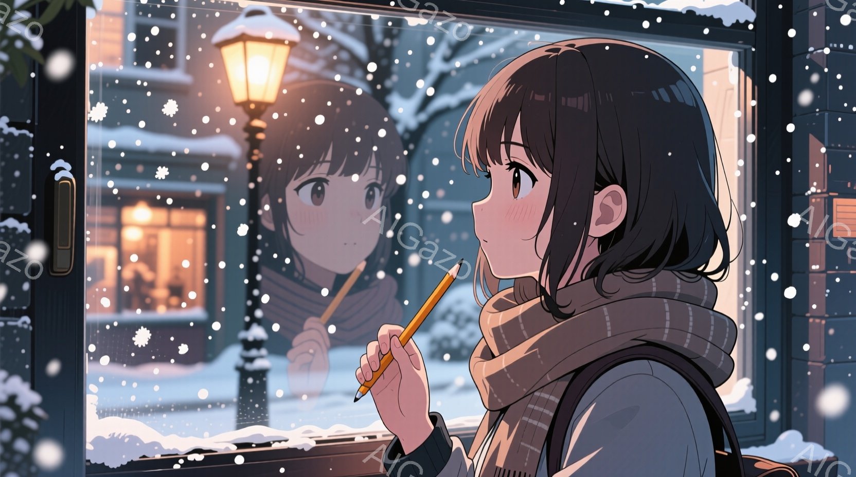 少女は窓に寄りかかり、鉛筆を手に何か考え込んでいる様子です。彼女は茶色の巻き髪で、白いマフラーとジャケットを着ています。背景には雪が降り積もる街並みと、暖かく光る街灯が見え、冬の静かで穏やかな雰囲気が漂っています。