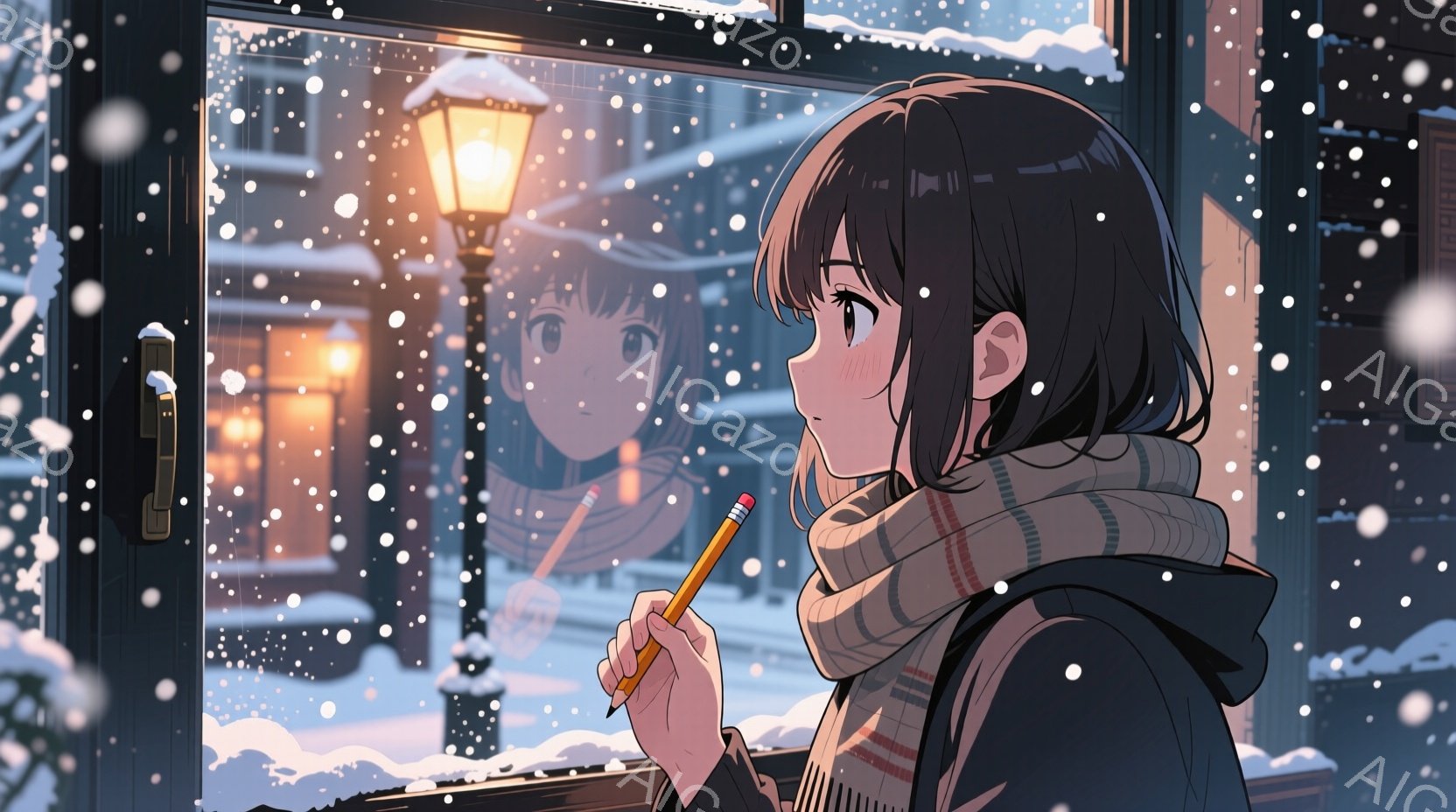 雪が降る夜、窓の外を眺める少女が描かれています。彼女は短い茶色の髪で、赤いストールと黒いジャケットを着て、何かを考えながら鉛筆を手にしています。背景には、雪に覆われた街並みと、暖かい光を放つ街灯が見え、全体的に物憂げで落ち着いた雰囲気が漂っています。
