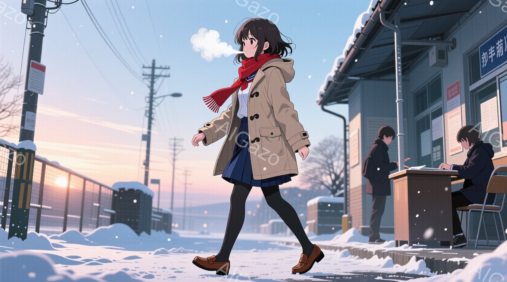 雪が降る冬の朝の風景で、若い女性が道を歩いている。彼女はベージュのコート、紺色のスカート、赤いマフラーを身に着け、茶色のブーツを履いている。背景には、雪に覆われた建物と、テーブルで勉強している生徒たちがおり、全体的に静かで穏やかな雰囲気が漂っている。