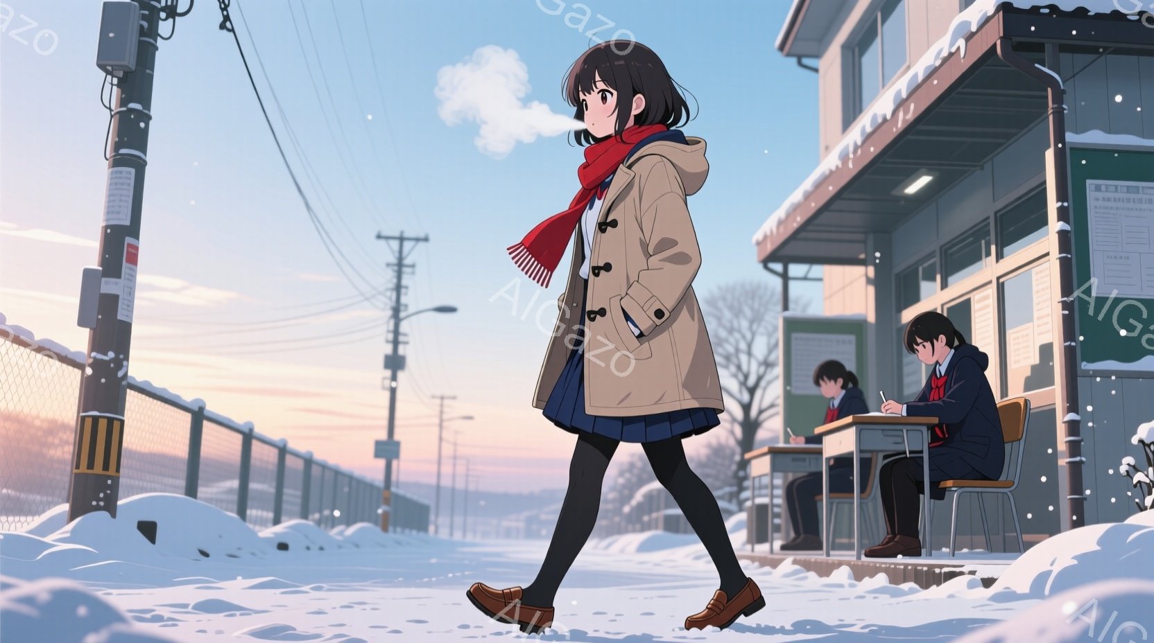 雪が降る冬の朝、茶色のコートを着て、赤いマフラーを巻いた少女が歩いている。彼女は黒髪で、少し内股気味に歩き、背景には雪に覆われた学校の建物と、教室で勉強している生徒たちがいる。全体的に静かで、少し寂しげな冬の雰囲気が漂っている。