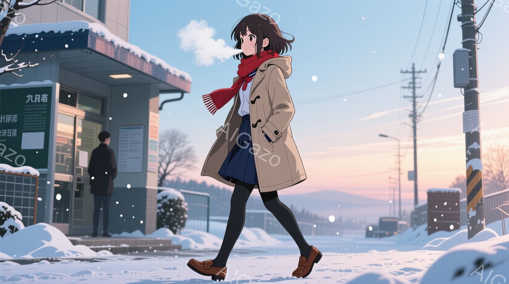 雪の降る街を歩く若い女性が描かれています。彼女は茶色の短い髪、赤いマフラー、緑色のスカート、茶色のコート、そして茶色の靴を履いています。背景には雪に覆われた建物、道路、そして薄暗い空が広がり、冬の穏や - AI生成フリー素材