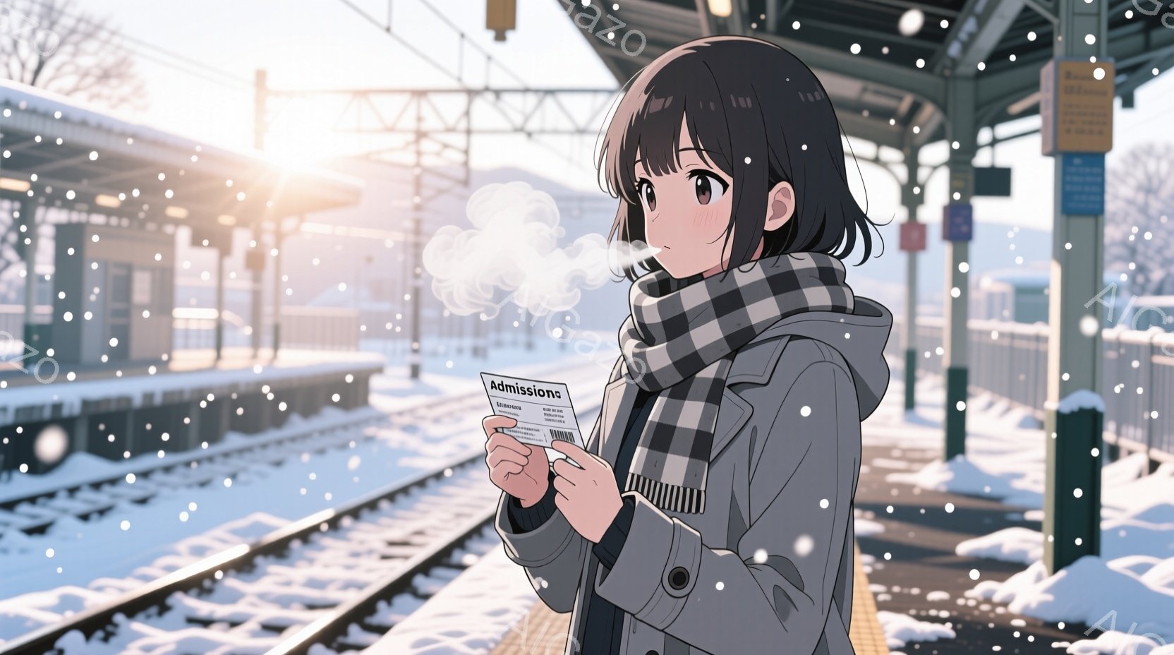 少女は駅のプラットフォームに立ち、体を温めるように両手で温かい飲み物の入った紙コップを抱えています。彼女はダークブラウンのショートボブヘアで、チェック柄のマフラーとダークグレーのコートを着ています。背景には雪が降り積もる線路とプラットフォームがあり、全体的に静かで穏やかな冬の雰囲気が漂っています。