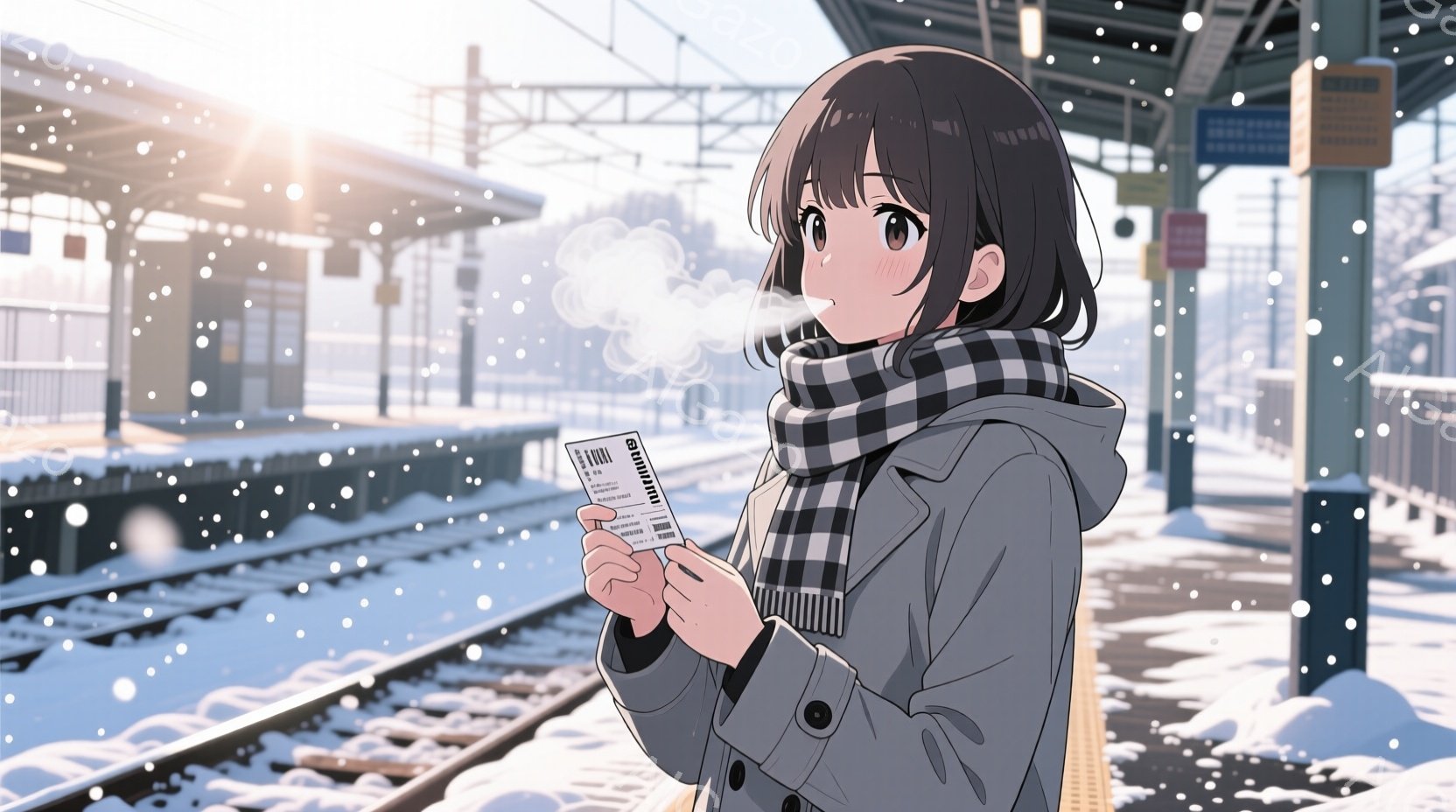 雪が降る駅のホームに、黒髪のショートヘアの少女が立っている。彼女は黒いコートとチェック柄のマフラーを着用し、息を吹き出しており、どこか物憂げな表情をしている。背景には鉄道の線路と雪景色が広がり、全体的に冬の寂しさと静けさを感じさせる。