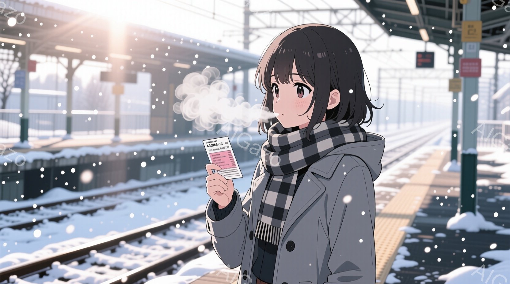 少女は駅のホームで白い息を吐き出しています。彼女はグレーのコート、チェックのスカート、白いストライプのセーターを着ており、ダークブラウンのボブヘアです。背景は雪景色で、雪が舞っており、寒く静かな冬の雰囲気が漂っています。