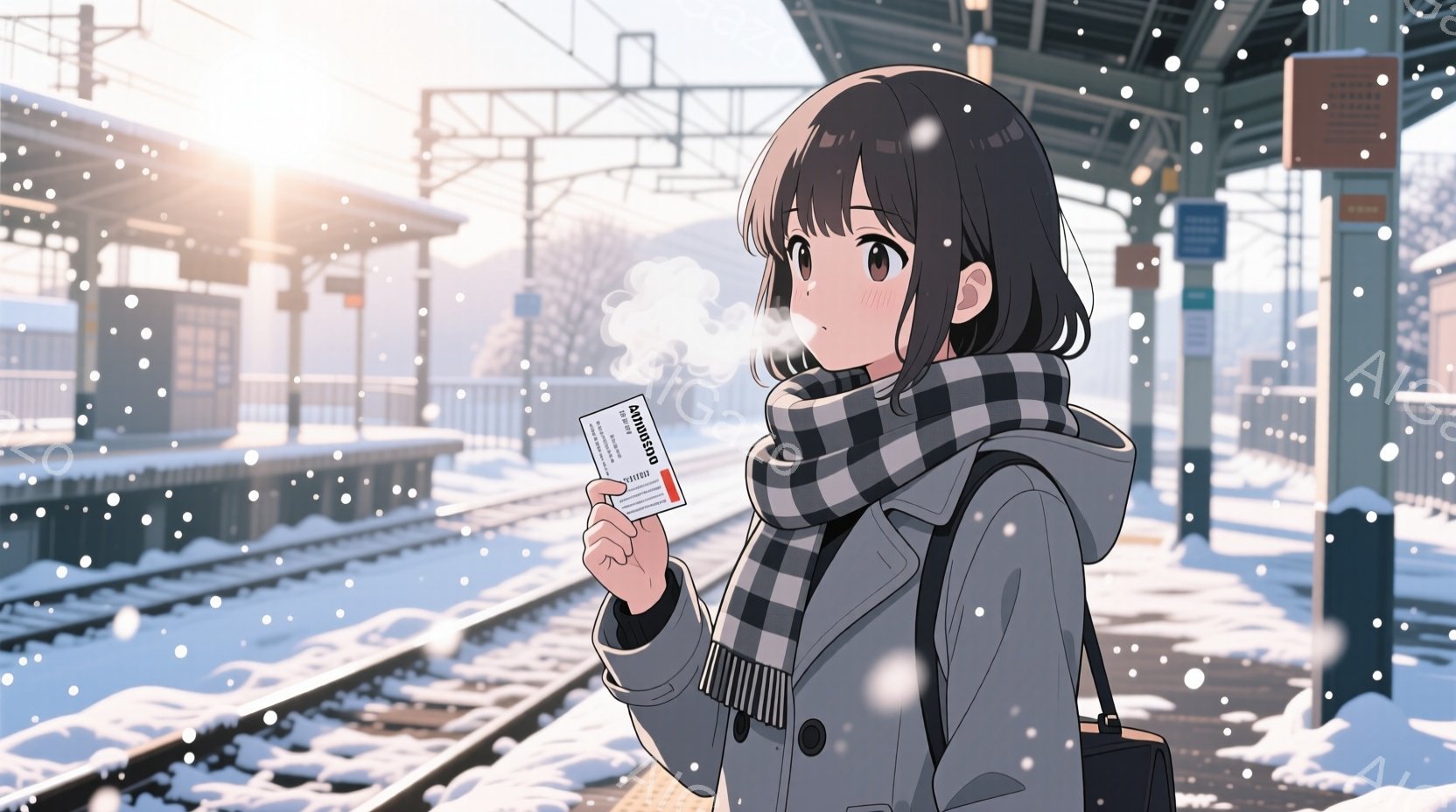 雪が舞う駅のホームに、茶色のショートヘアの女性が立っている。彼女は白いコートとマフラーを身につけ、片手にチケットを持って、どこかを見つめている。背景には雪景色が広がり、遠くに見える建物と線路が冬の静かな雰囲気を醸し出している。