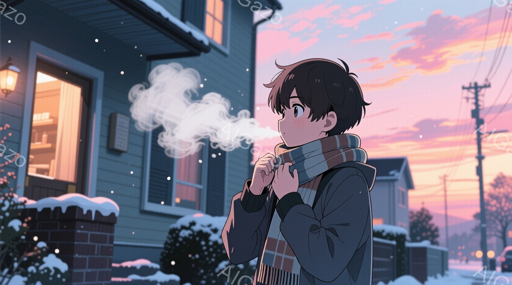 短い黒髪の少年が、寒さで息を吐き出しており、首に巻き付けた暖かい縞模様のマフラーが印象的です。彼は黒いジャケットを着ており、雪が積もった住宅街の前に立っています。背景には、夕焼けに染まる空と、暖かく光る家々があり、冬の静かで穏やかな雰囲気を醸し出しています。