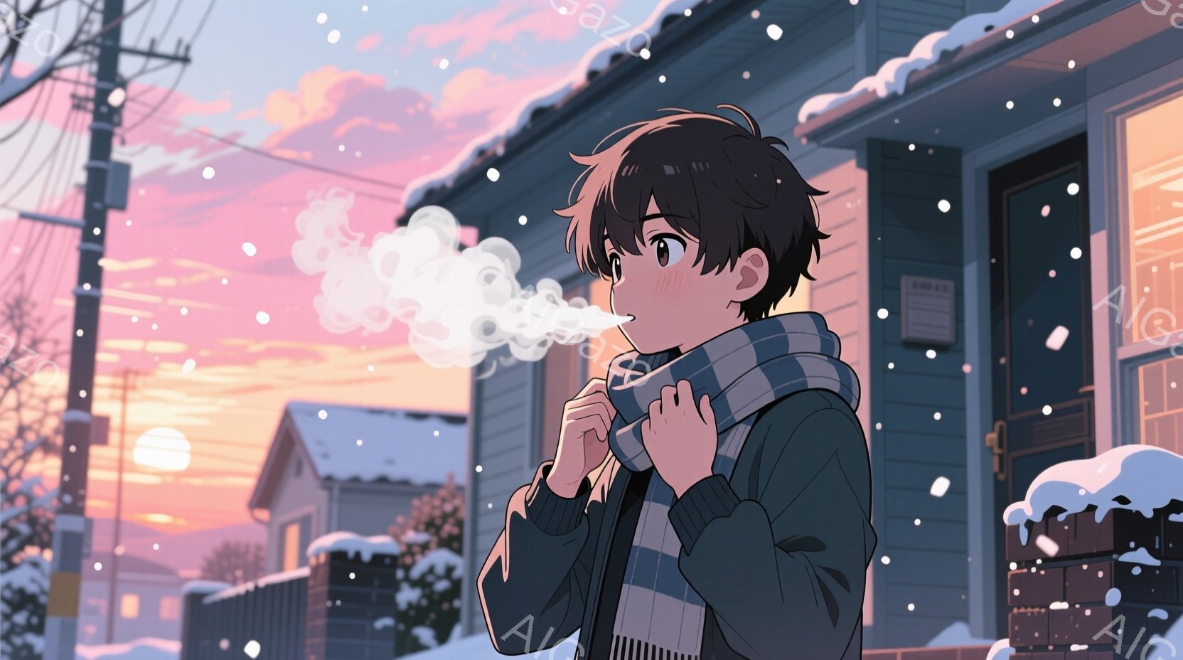 少年は紺色のジャケットと白いシャツを着て、首に縞模様の青と白の暖かそうなマフラーを巻いています。彼は息を吐いて白い蒸気を出し、少し頬を赤らめて寒さに耐えている様子です。背景には雪が降り積もった住宅街が広がり、夕焼け空がオレンジとピンクの色合いで冬の静かで穏やかな雰囲気を醸し出しています。
