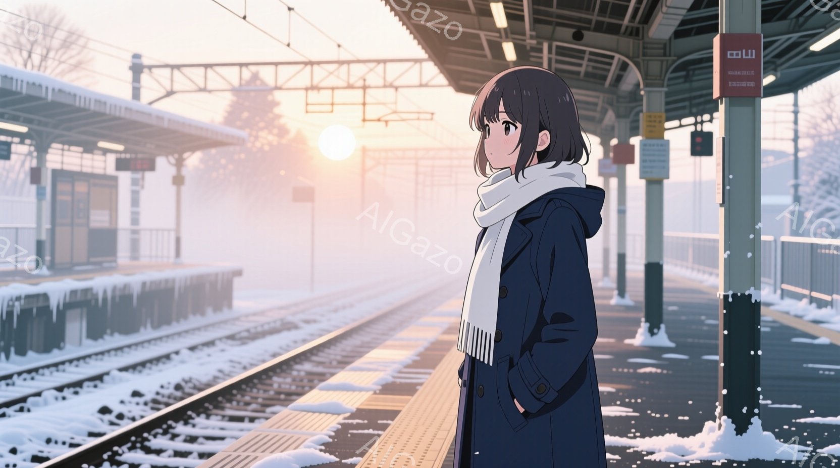 雪が降る鉄道の駅に立つ少女が描かれています。彼女は黒髪のショートボブで、紺色のコートと白いマフラーを着用し、線路の方向を見つめています。背景には雪に覆われた線路とプラットフォーム、遠くには朝日が差し込む空が広がっており、静かで物憂げな冬の雰囲気が漂っています。