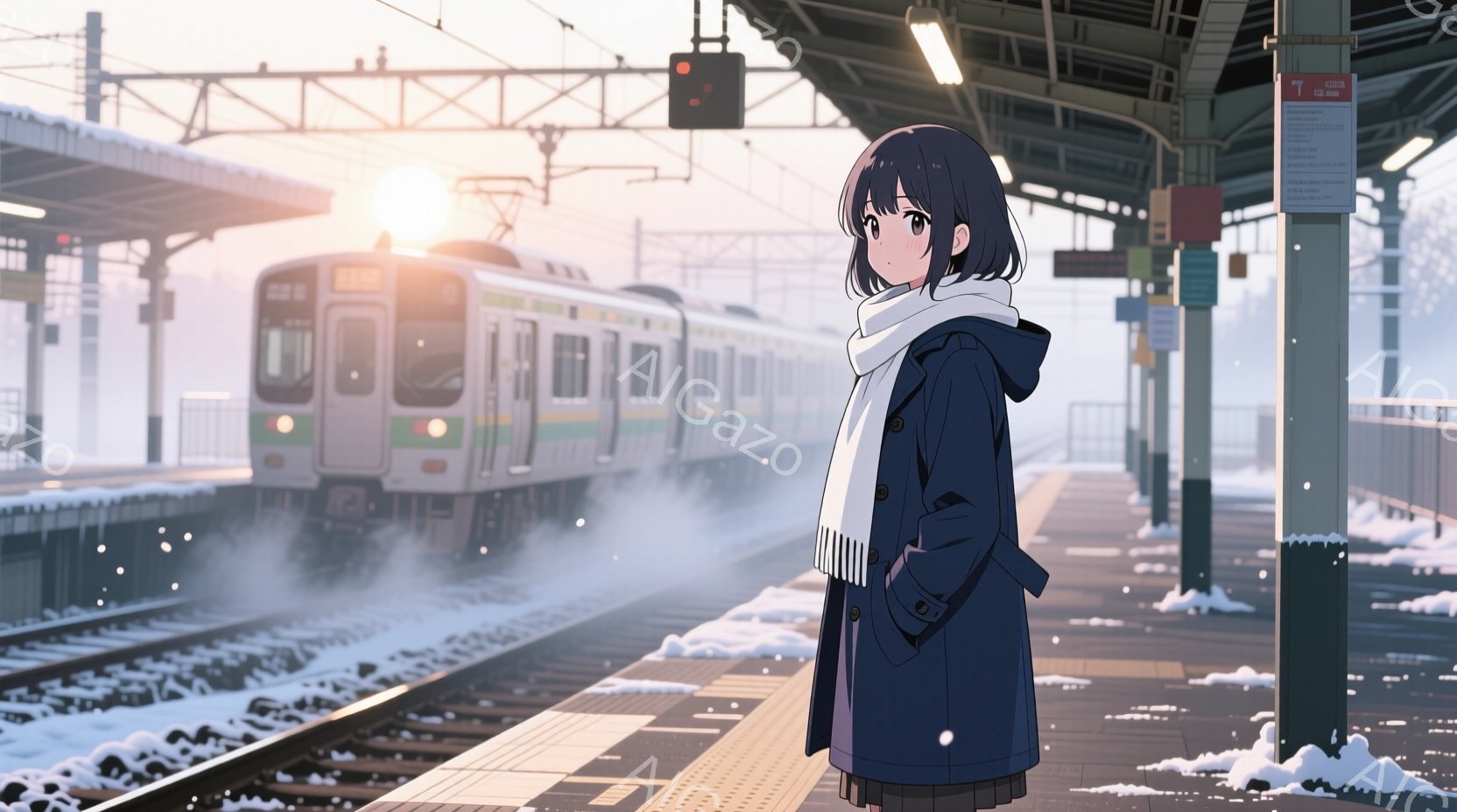 少女は、プラットフォームに立ち、濃い青色のパーカーと白いマフラーを身に着けています。彼女は黒髪で、後ろを少しカールさせたヘアスタイルです。背景には雪が舞う線路と、遠くに見える列車が描かれ、冬の寒さと静 - AI生成フリー素材