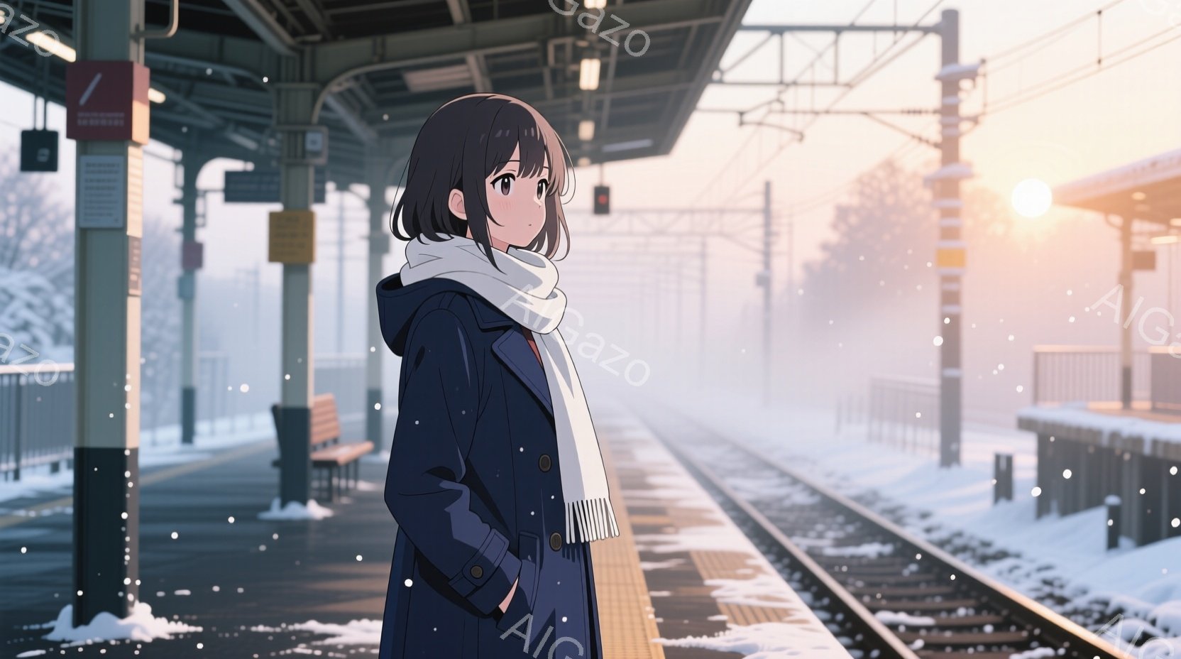 少女は紺色のコートと白いマフラーを身に着け、雪が降る駅のホームに立っている。彼女は黒髪ショートヘアで、背中を向けて遠くを見つめている様子から、少し寂しげな雰囲気が漂う。背景には雪景色が広がり、線路が遠くまで伸びており、朝焼けの光が差し込み、静かで穏やかな冬の情景が描かれている。