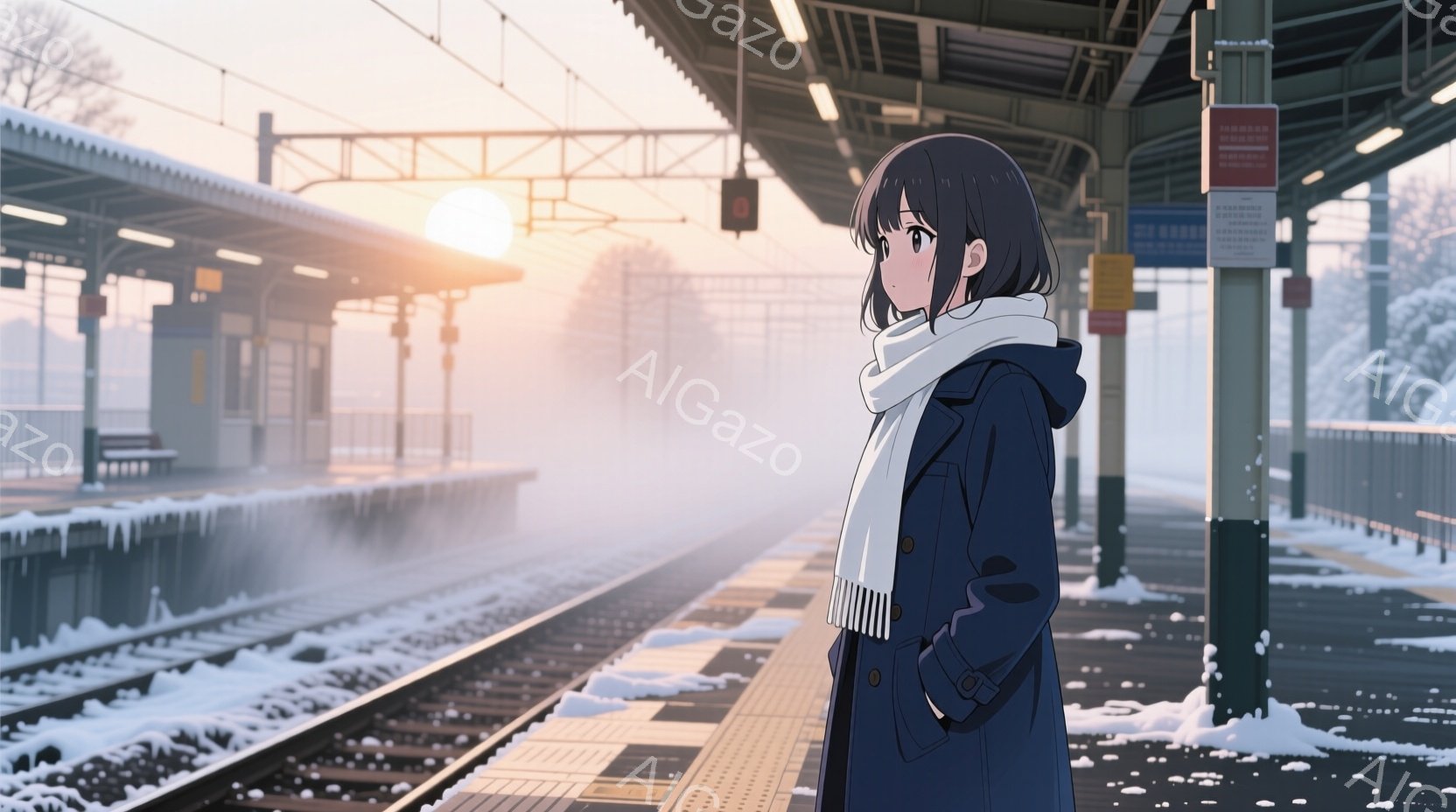 短い黒髪の少女が、プラットフォームに立っている。濃い青色のコートと白いマフラーを身に着けており、遠くを見つめている表情はどこか寂しげだ。背景には雪景色が広がり、朝日の光が差し込み、幻想的な雰囲気を醸し出している。