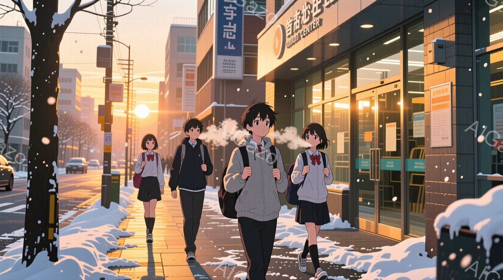 冬の街並みを歩く制服を着た高校生たちが描かれています。彼らは皆、肩にリュックサックを背負い、寒さのために息が白く立ち込めています。背景には、雪で覆われた建物や道路、そして夕焼けのような暖かい光が差し込み、少しノスタルジックな雰囲気が漂っています。