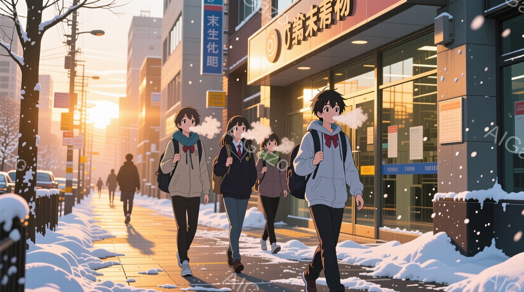 雪が降る街並みを、制服を着た高校生たちが歩いている。彼らは皆、肩にバッグを背負い、少し前かがみの姿勢で歩いており、冬の寒さをしのいでいるようだ。背景には、白い雪に覆われた建物や街路樹、そして夕焼け空が広がり、穏やかで少し寂しげな雰囲気を醸し出している。