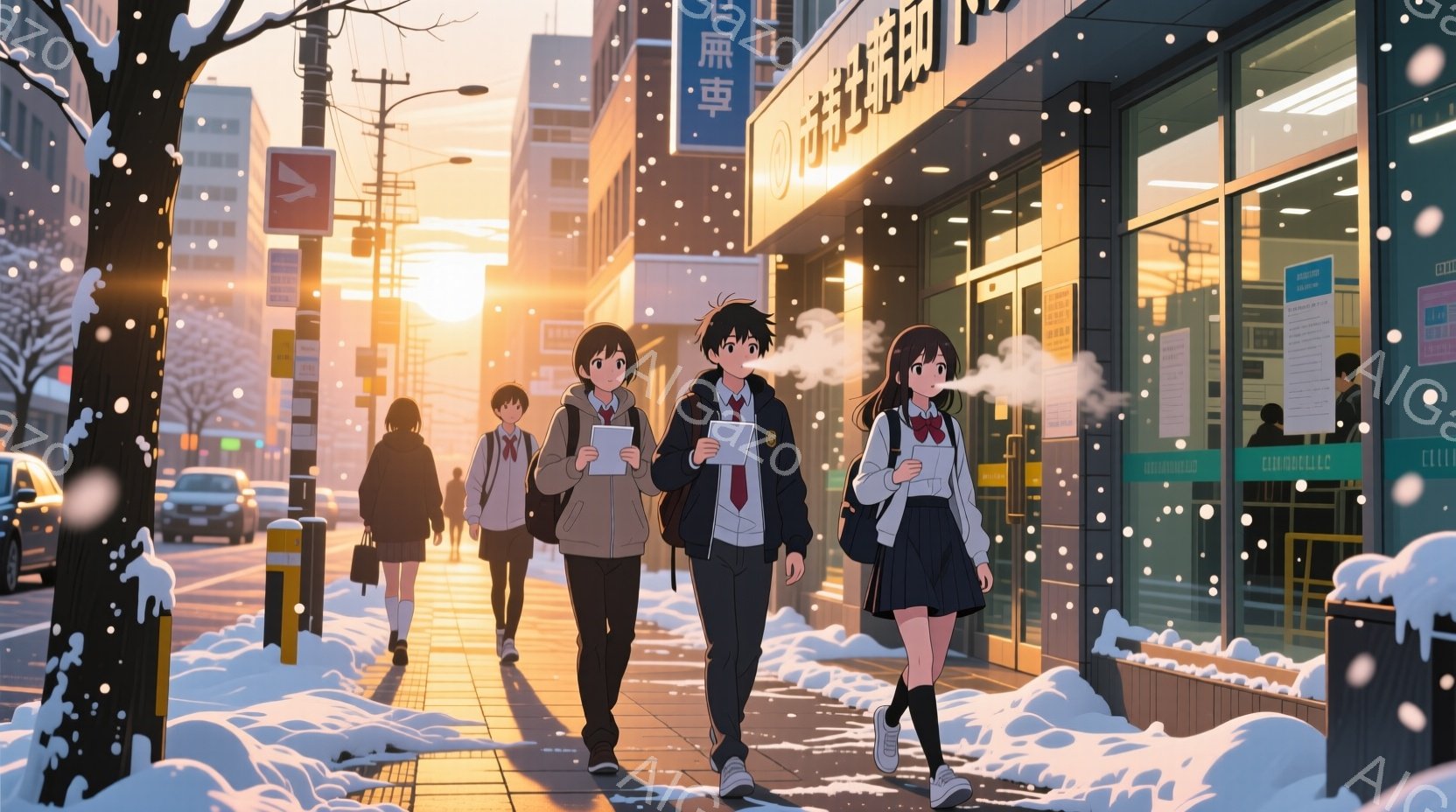 はい、承知いたしました。画像の詳細を説明します。 、冬の夕暮れ時に制服を着た高校生たちが歩いている様子を描いています。人物は、それぞれ個性的な髪型で、表情はやや無表情ながらも、息が白いことから寒さを感じさせます。背景には、雪が降る街並みと、ガラス張りの建物があり、全体的にノスタルジックで少し切ない、青春映画のような雰囲気を醸し出しています。