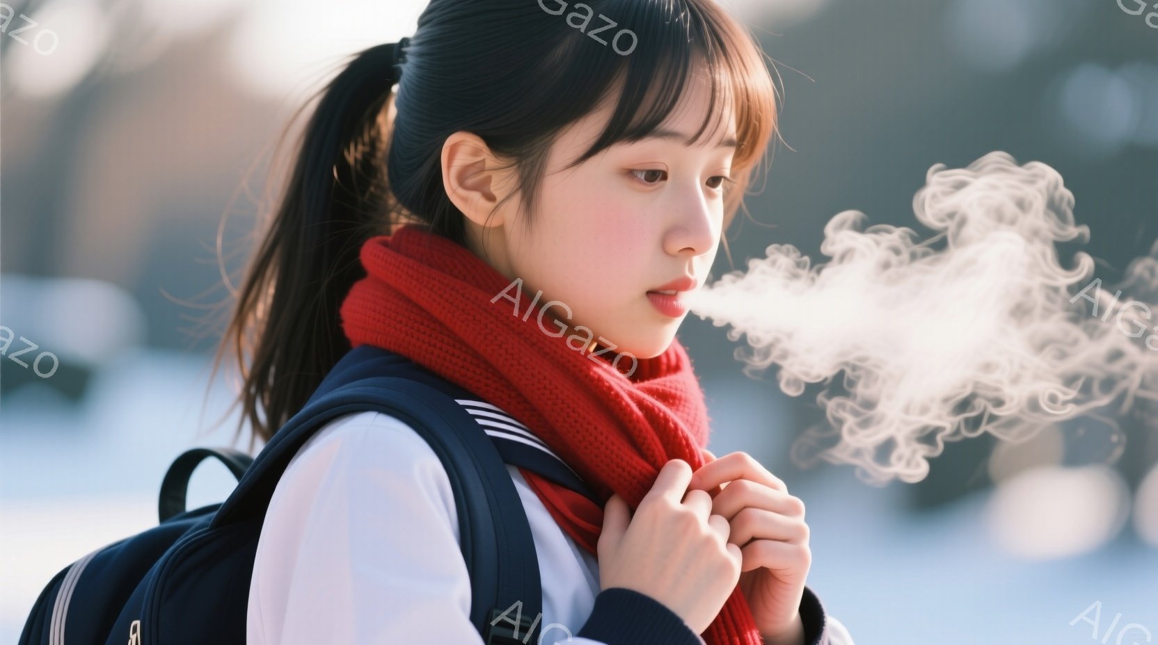 若い女性が白いジャケットと黒いリュックサックを身につけ、赤いマフラーを巻いています。彼女は息を吐き出し、白い湯気が漂っており、冷たい冬の日に暖を取ろうとしている様子が伺えます。背景はぼやけていますが、建物や自然が見え、全体的に静かで穏やかな雰囲気が漂っています。