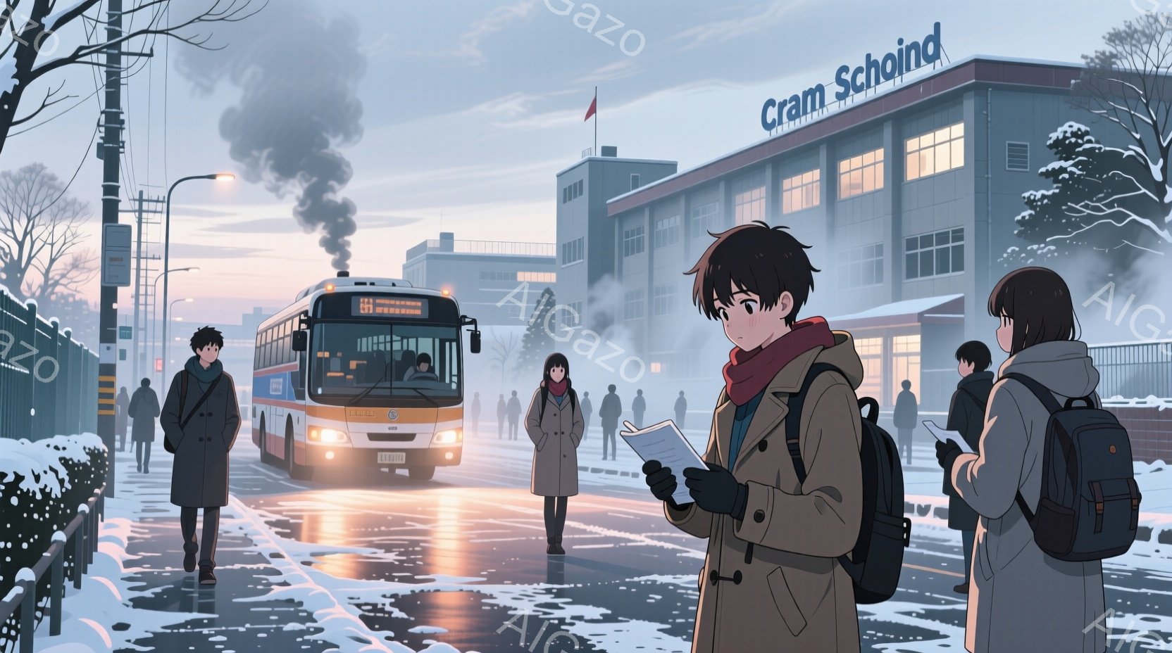 雪が降る街並みで、制服を着た学生たちが横断歩道を歩いている。彼らはそれぞれ異なる服装で、ある学生は茶色のコートに赤いマフラーを巻き、書類を手にしている。背景には、霧のかかった高い建物と、煙を上げて走るバスが見え、冬の冷たい雰囲気が漂っている。