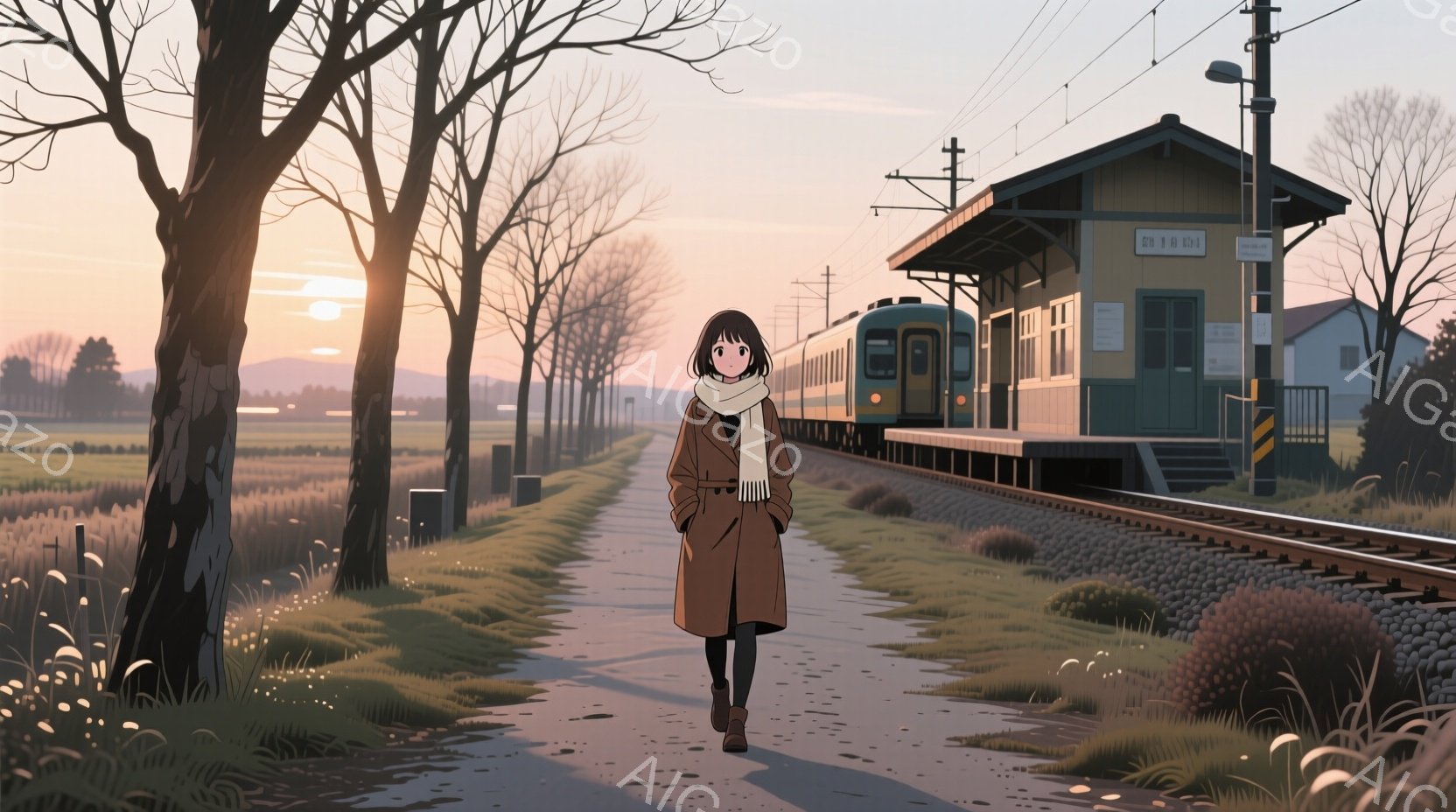長い茶色のコートと白いマフラーを身につけた若い女性が、線路沿いの道を歩いている。彼女は黒髪のボブヘアで、後ろを振り返ることなく前を見つめているように見える。背景には、夕焼けに照らされた田園風景、小さな駅舎、そして線路が広がり、穏やかで少し寂しげな雰囲気を醸し出している。