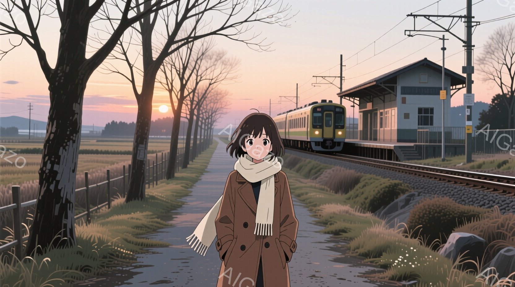 短い茶色の髪をした若い女性が、ベージュ色のスカーフを巻き、茶色のコートを着ています。彼女は正面を向き、両手をポケットに入れたリラックスした姿勢で立っており、わずかに微笑んでいるように見えます。背景には、鉄道の線路、小さな駅舎、そして夕焼けに照らされた草原が広がり、穏やかでノスタルジックな雰囲気を醸し出しています。