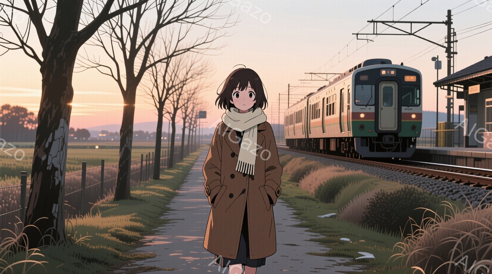 少女は茶色のコートと白いマフラーを身につけ、黒いスカートを履いて線路沿いの道に立っている。彼女は前を見つめ、やや憂いを帯びた表情をしている。背景には、夕焼けに照らされた田園風景と、線路を走る列車が見え、全体的に静かで少し寂しげな雰囲気を醸し出している。