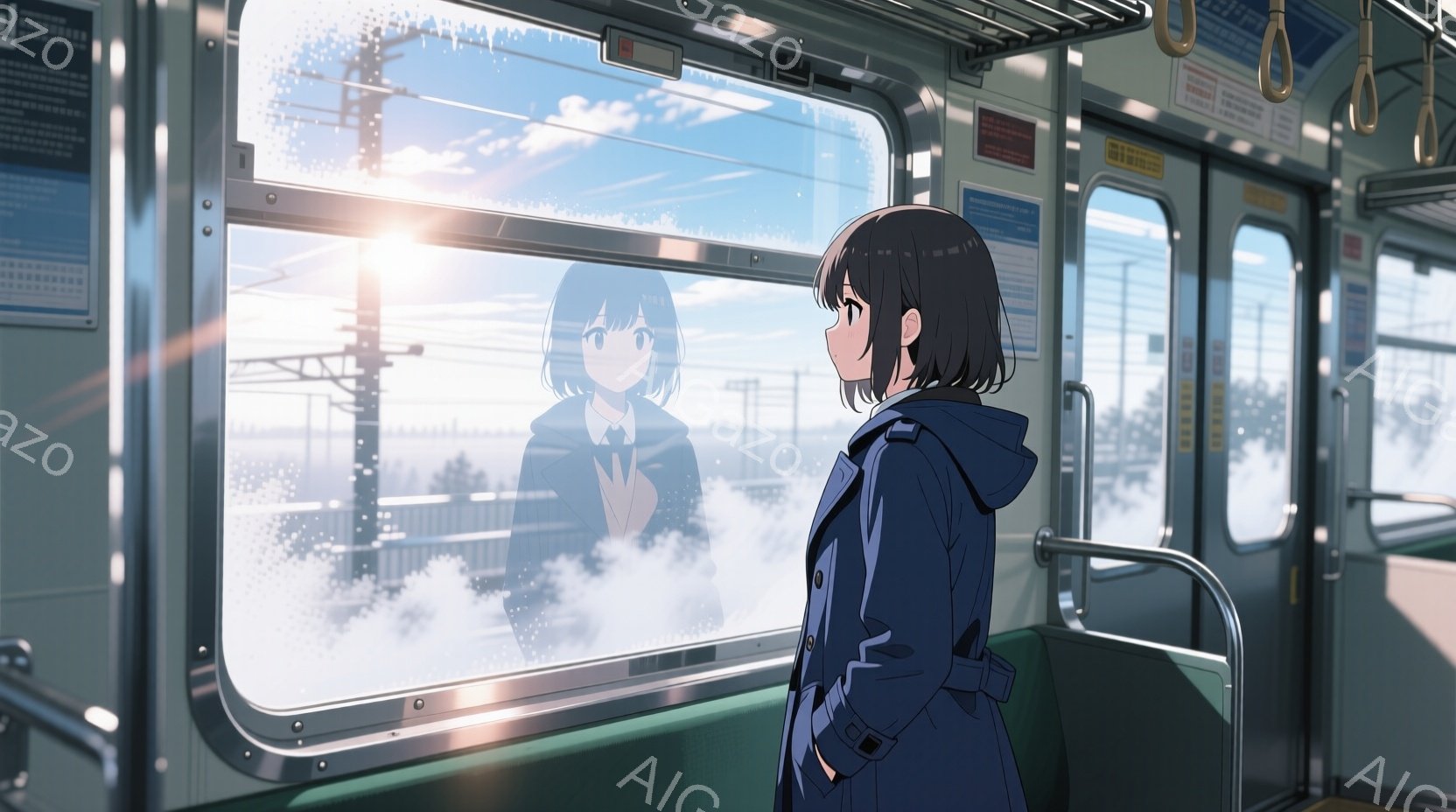 ショートカットの黒髪の女性が、紺色のパーカー付きジャケットを着て、電車の窓の外を見つめている。窓には彼女のぼんやりとした反射が見え、背景には雪景色が広がり、遠くには電柱と薄い木々が見える。電車内は薄暗く、どこか物憂げな雰囲気が漂っている。