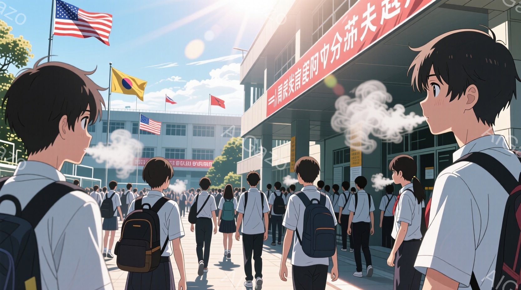 制服を着た多くの学生が学校の建物に向かって歩いている、賑やかな光景が描かれている。学生たちは皆、白いシャツに濃い色のズボンまたはスカートを着用し、リュックサックを背負っている。背景にはアメリカと韓国の国旗が掲げられ、晴れた空と緑豊かな木々が、活気にあふれた学校生活の雰囲気を醸し出している。
