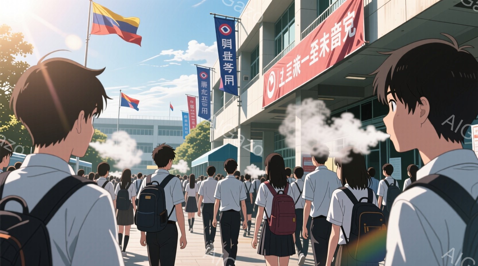 制服を着た学生たちが、学校の建物に向かって歩いている様子が描かれています。背景には、青空と白い雲が広がり、校舎の屋上からは湯気が立ち上っています。学生たちは皆、リュックサックを背負っており、活気のある学校生活の一コマを切り取ったような、爽やかな雰囲気です。