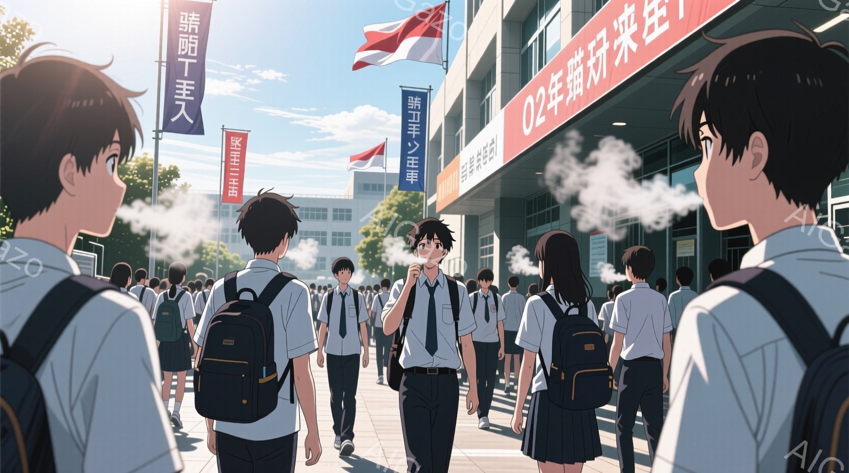 制服を着た高校生たちが学校へ向かって歩いている様子が描かれている。生徒たちは皆、白いシャツに濃い色のブレザー、ネクタイ、そしてリュックサックを背負っており、顔はほとんど見えないが、前を向いて歩く姿から、活気と集中が感じられる。背景には、近代的な建物と青空が広がり、蒸し暑い夏の朝の学校生活の一コマを切り取ったような、爽やかでエネルギッシュな雰囲気が漂っている。