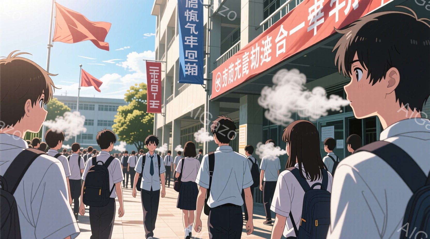 制服を着た高校生たちが校門から出てくる様子が描かれています。男の子は黒髪で、少し伏し目がちで、やや疲れた表情をしています。背景には近代的な学校の建物が見え、空は晴れていて、遠くには緑豊かな木々が生い茂っています。