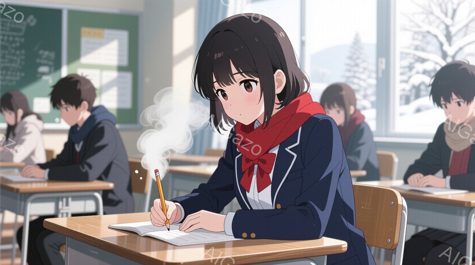 教室で勉強に集中する女子学生を描いています。彼女は黒髪のショートヘアで、赤いスカーフと紺色のブレザー、白いシャツを着用し、真剣な表情で鉛筆を使ってノートに書き込んでいます。背景には、雪景色が見える窓があり、他の生徒たちも教室で勉強しており、冬の静かで集中した雰囲気が漂っています。