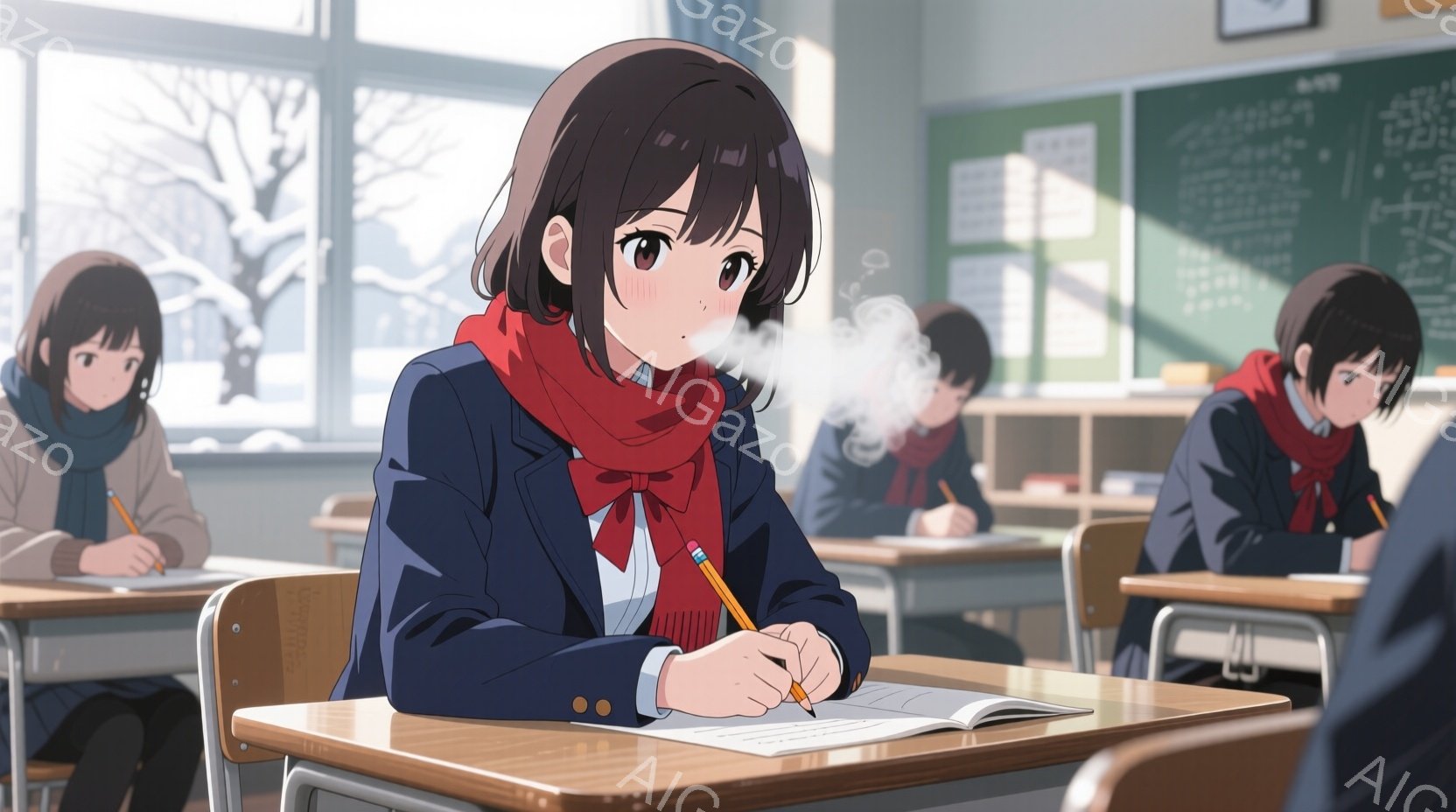 教室の中の少女が描かれている。彼女は紺色のブレザーに赤いスカーフを巻いており、茶色の短い髪をしている。窓の外には雪が降り積もり、木々が寒空の下に描かれ、教室には暖かく、少し寂しげな雰囲気が漂っている。