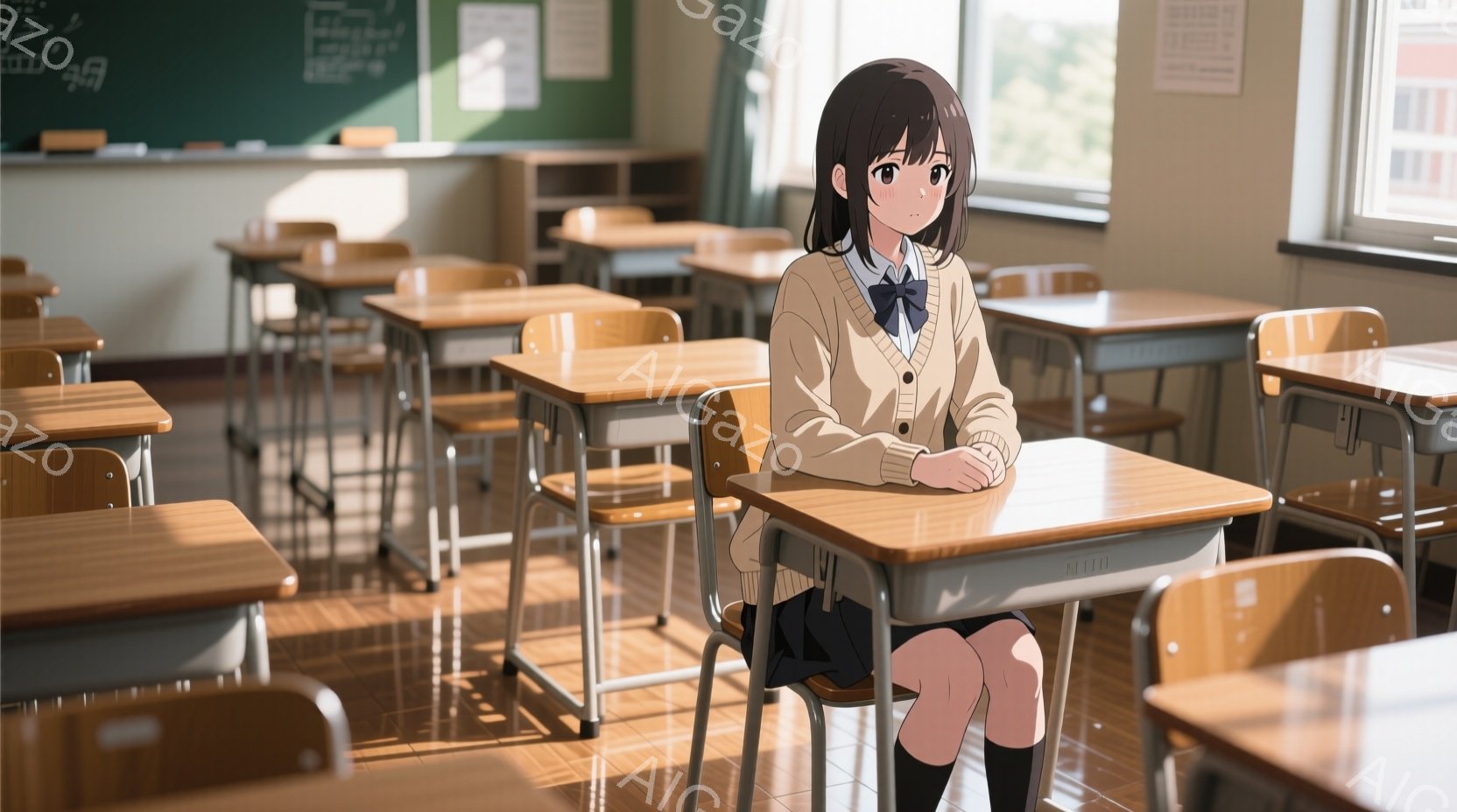茶色の髪の少女が教室の前に座っており、白いシャツにネクタイ、茶色のセーター、黒いスカート、膝下までの黒い靴下を履いています。彼女は両肘を机に置き、少し寂しそうな表情をしています。教室は整然と並んだ机と椅子で満たされ、窓からは日光が差し込み、外には緑豊かな木々と建物が見えます。