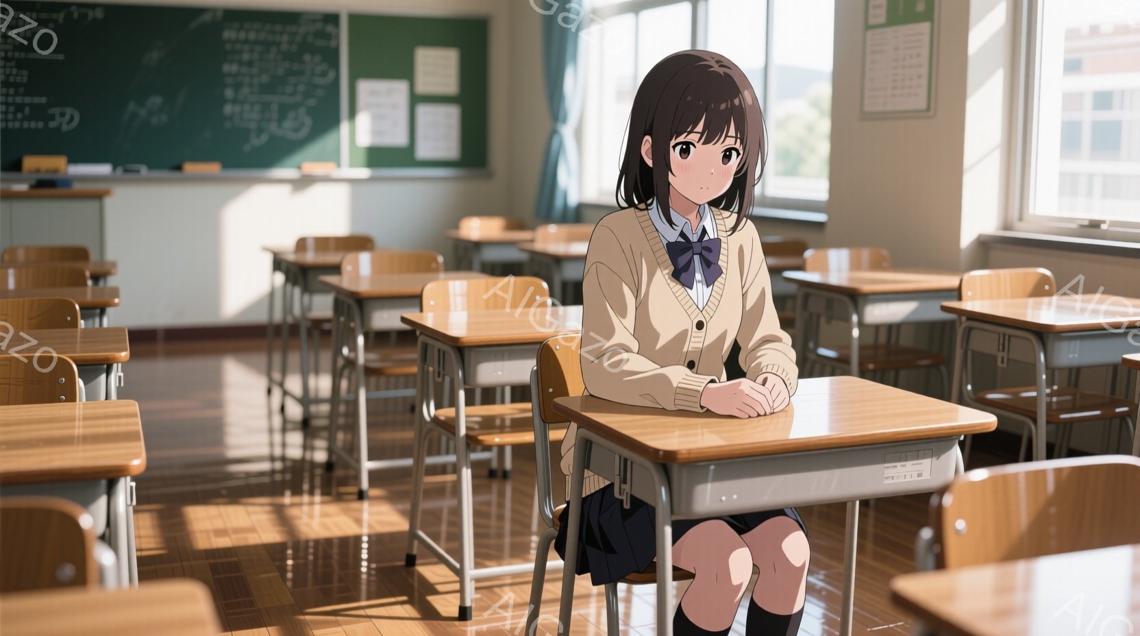 茶髪の少女が教室の前に座っており、セーラー服の上にカーディガンを着ています。彼女は少し憂いを含んだ表情で、両膝を抱え、どこか考え込んでいる様子です。教室には木製の机と椅子が整然と並び、窓から差し込む光が暖かく、静かで落ち着いた雰囲気を醸し出しています。