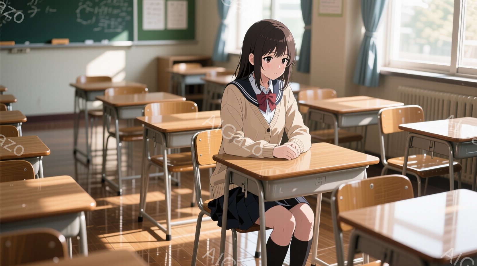教室に座っている若い女性を描いています。彼女は紺色のスカートと白いブラウス、ベージュのカーディガンを着ており、黒いニーハイソックスを履いています。彼女は少し憂鬱そうな表情で、両腕を机に置いて座っており、教室は明るい日差しが差し込み、穏やかな雰囲気を醸し出しています。