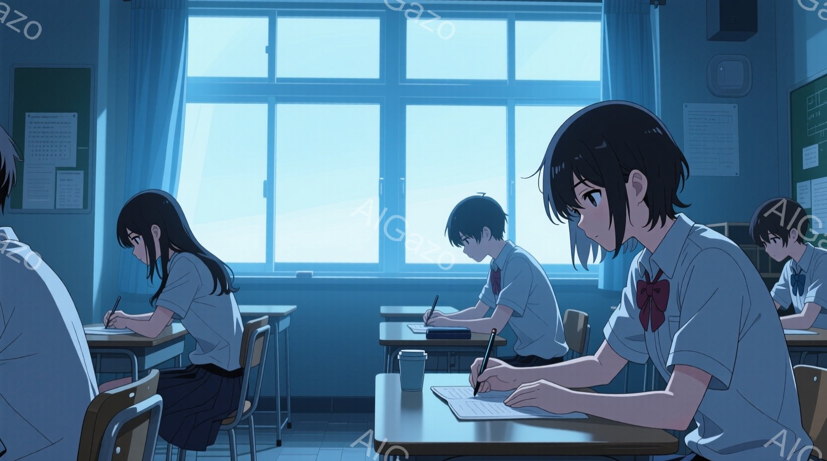 教室には数人の生徒が座っており、全員が机に向かって何かを書き込んでいる。制服を着ており、髪型は黒髪で、集中した表情をしている。背景は大きな窓で、明るい空が見え、教室全体が静かで穏やかな雰囲気に包まれている。