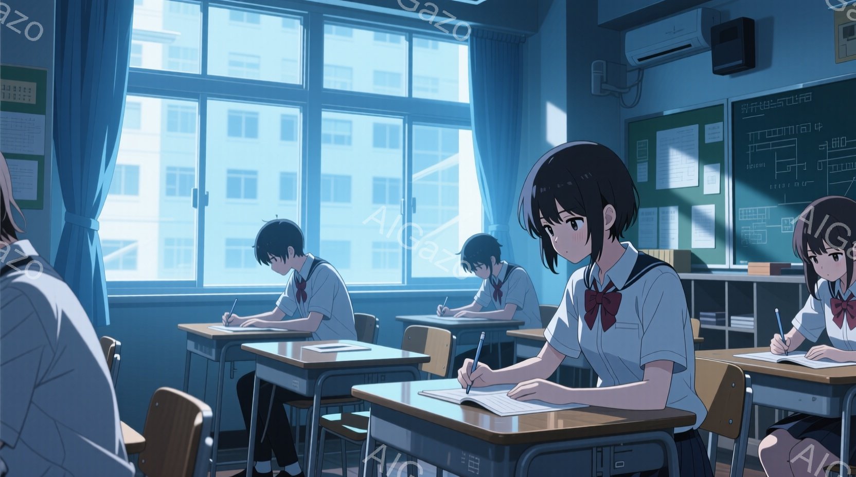 教室の中には、制服を着た生徒たちが机に向かって勉強しています。窓からは明るい光が差し込み、外には高層ビルが並ぶ都会の風景が広がっています。 全体的に、爽やかで少し寂しげな雰囲気が漂っています。