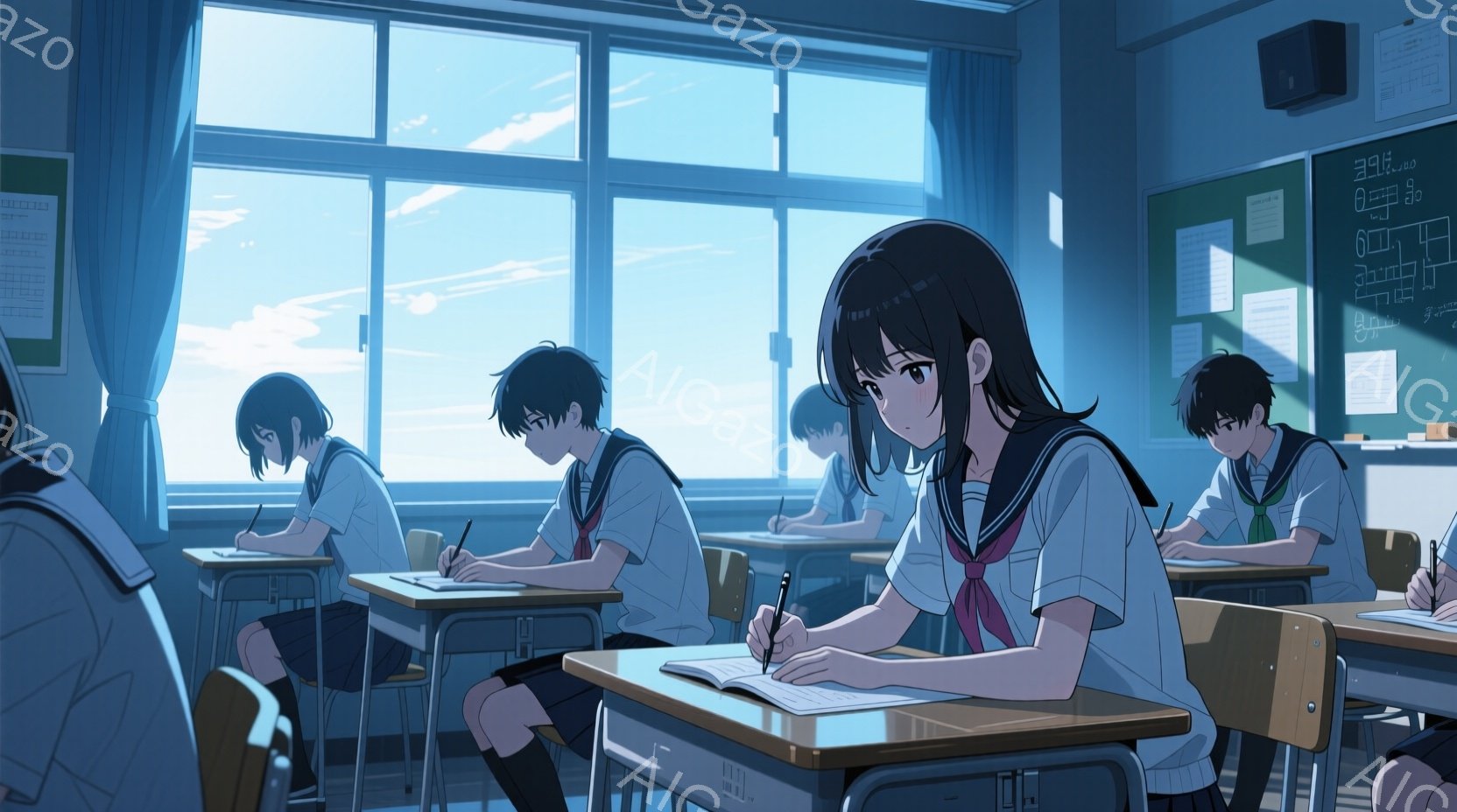 教室の内部には、制服を着た生徒たちが座って授業を受けている様子が描かれています。生徒たちは皆、黒髪または暗い髪色で、真剣な表情で筆記に集中しており、特に一人の女子生徒は少し憂いのある表情をしています。背景には、明るい青空と雲が見える窓があり、教室全体に柔らかな光が差し込み、穏やかで少し物憂げな雰囲気を醸し出しています。