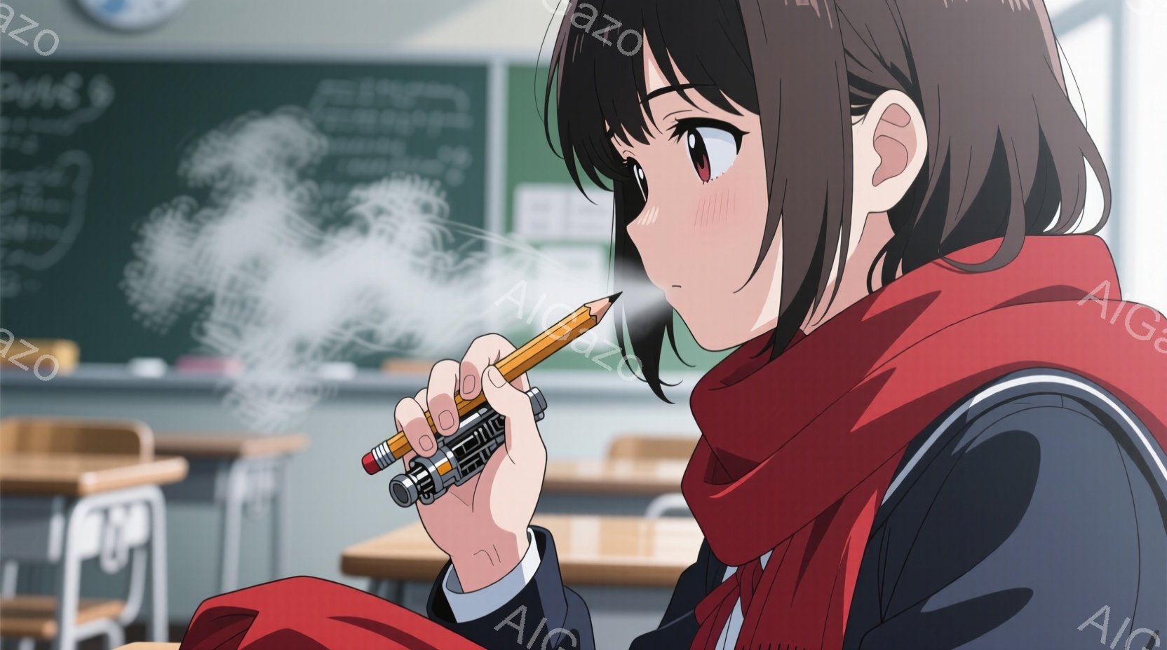 少女は教室で鉛筆を削っており、削りくずが舞い上がっている様子が描かれている。彼女は黒髪で、赤いスカーフを首に巻き、少し頬を赤らめた表情をしている。教室には机と椅子が並び、黒板には何らかの絵が描かれており、全体的に少し疲れた、あるいは集中した雰囲気が漂っている。